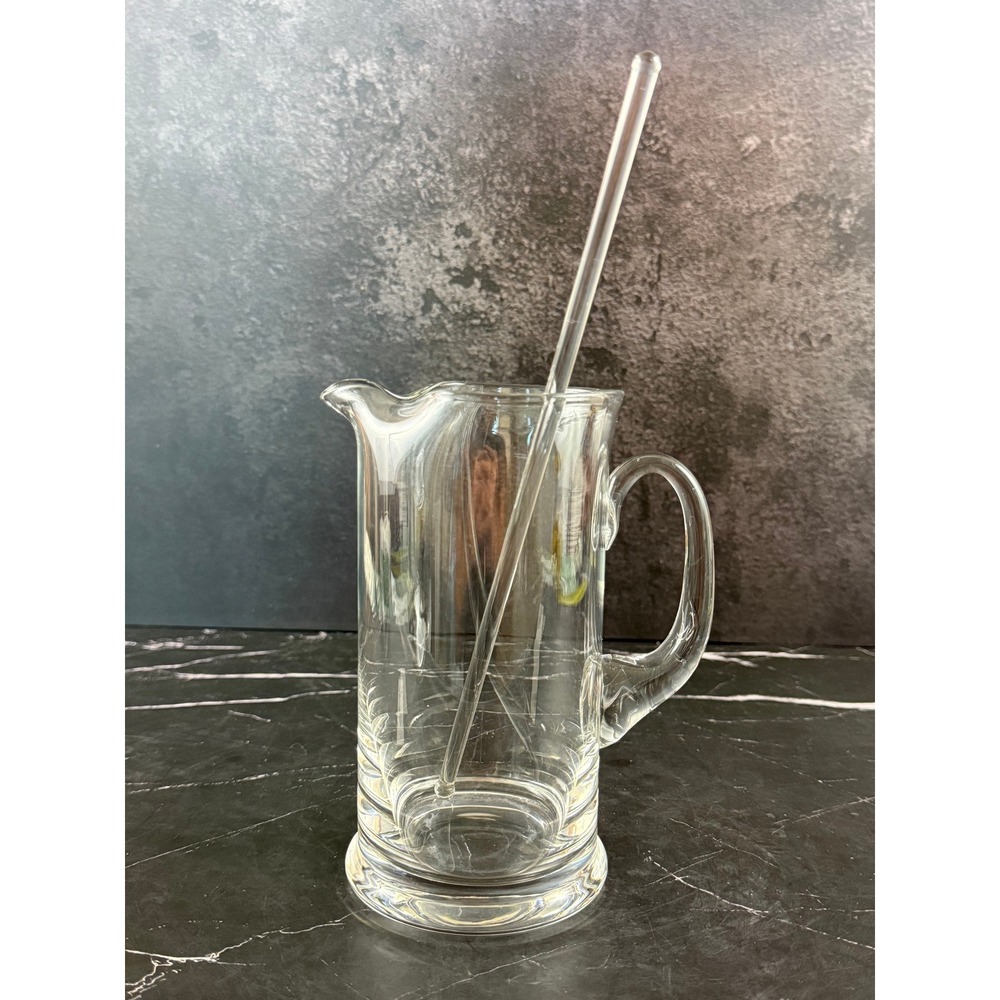 VTG Hand Blown Clear Glass Martini Pitcher and Stirrer‎ 6.75in MINT!